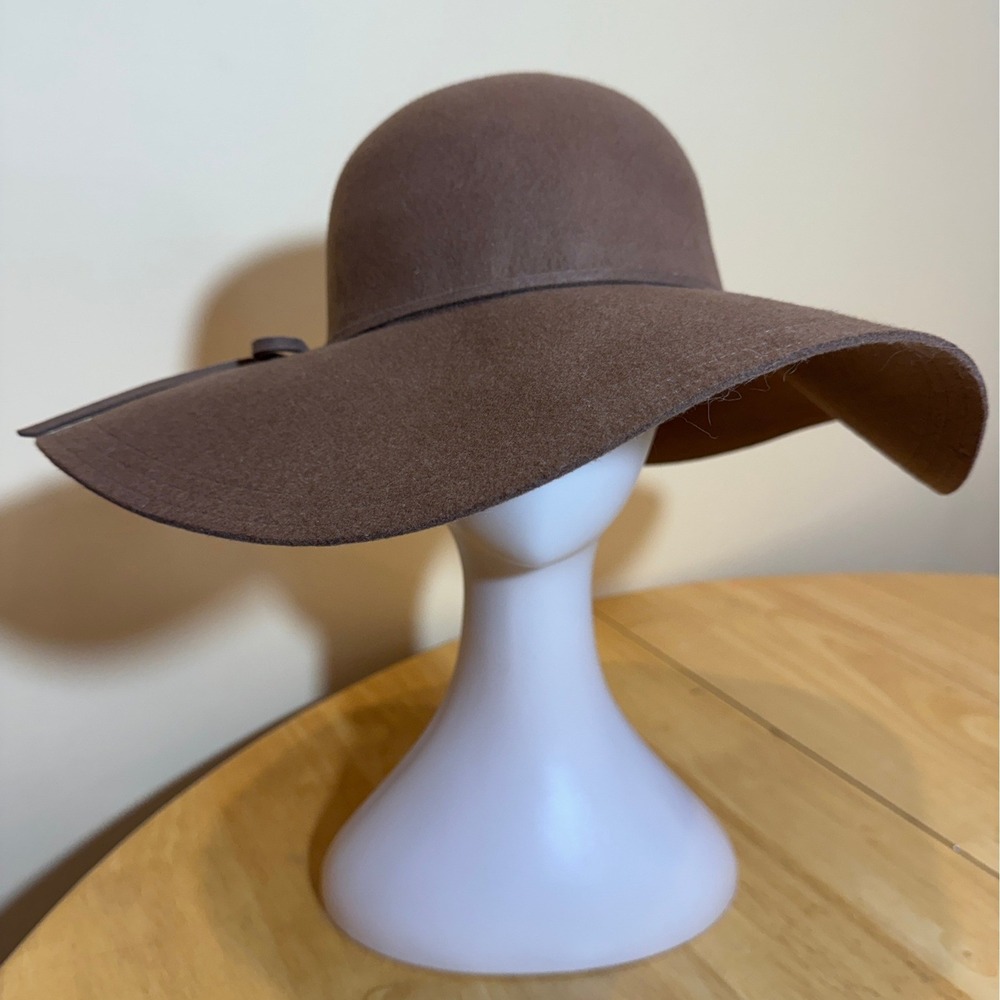 Something Special Brown 100% Wool Felt Floppy Wide Brim Hat with Ribbon Bow